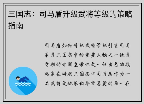 三国志：司马盾升级武将等级的策略指南