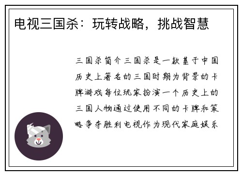 电视三国杀：玩转战略，挑战智慧