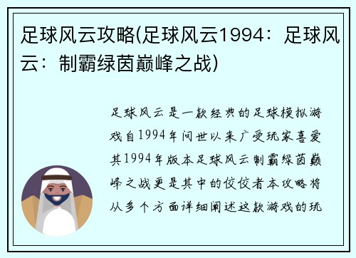 足球风云攻略(足球风云1994：足球风云：制霸绿茵巅峰之战)