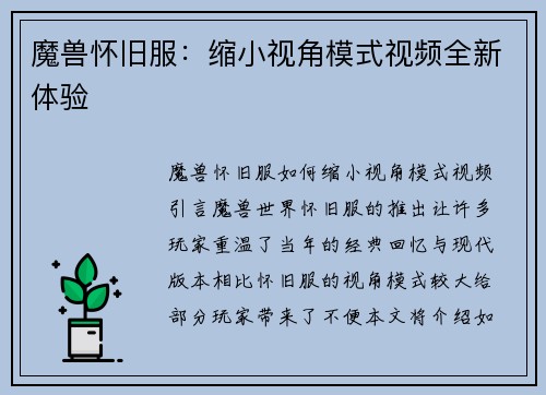 魔兽怀旧服:缩小视角模式视频全新体验