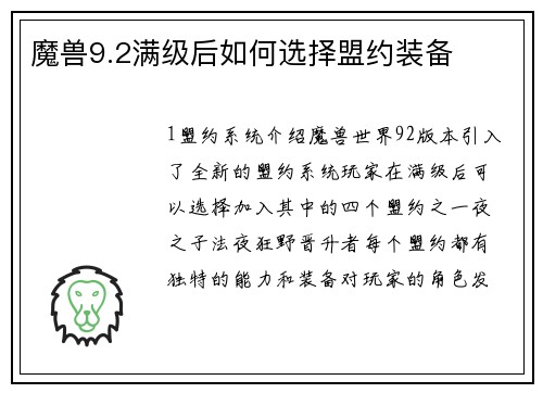 魔兽9.2满级后如何选择盟约装备